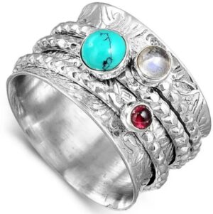 Multi Gemstone Sterling Silver Meditation Spinner Ring