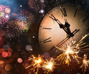 New Year clock and fireworks